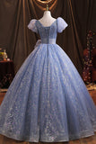 solvbao Blue Tulle Sequins Long Prom Dress, A-Line Evening Gown with Bow