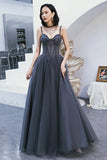 solvbao Gray Tulle Beaded Floor Length Prom Dress, A-Line Party Dress