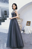 solvbao Gray Tulle Beaded Floor Length Prom Dress, A-Line Party Dress