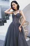 solvbao Gray Tulle Beaded Floor Length Prom Dress, A-Line Party Dress