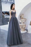 solvbao Gray Tulle Beaded Floor Length Prom Dress, A-Line Party Dress