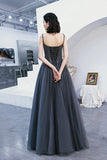 solvbao Gray Tulle Beaded Floor Length Prom Dress, A-Line Party Dress