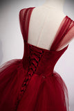 solvbao Burgundy Tulle Long A-Line Prom Dress, Burgundy Evening Party Dress