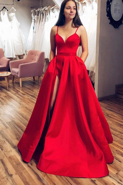 solvbao Red Satin Long Prom Dress, A-Line Evening Dress with Slit