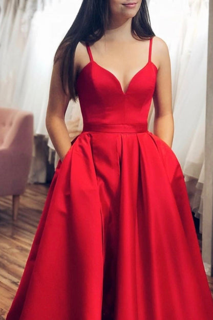 solvbao Red Satin Long Prom Dress, A-Line Evening Dress with Slit