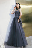 solvbao Gray Tulle Beaded Floor Length Prom Dress, A-Line Party Dress