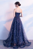 solvbao Blue Tulle Sequins Long Prom Dresses, A-Line Strapless Evening Dresses