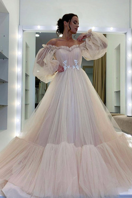 solvbao Pink Tulle Long Prom Dresses, A-Line Long Sleeve Evening Dresses