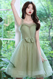 solvbao Green Tulle Short Prom Dress, Green A-Line Party Dress with Bow