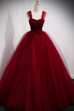 solvbao Burgundy Tulle Long A-Line Prom Dress, Burgundy Evening Party Dress