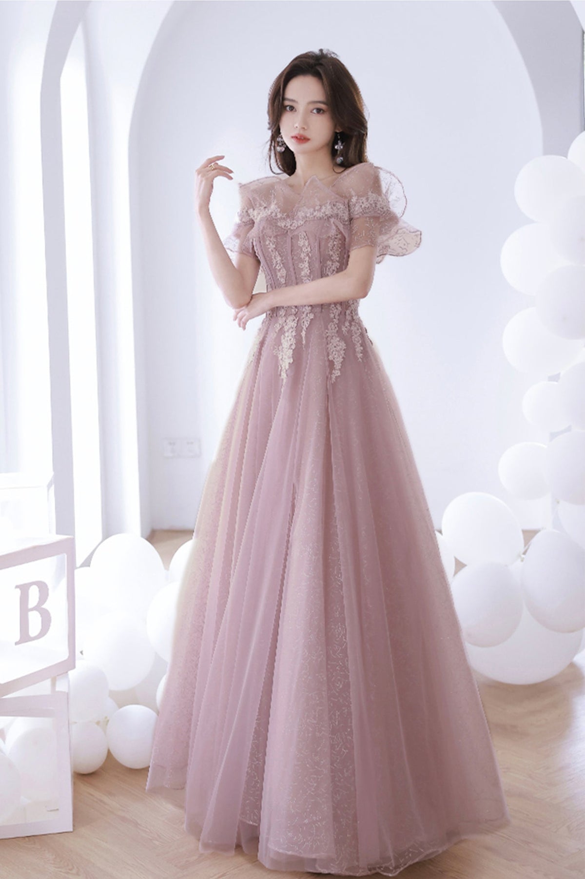 solvbao Off the Shoulder Lace Long Prom Dress, Pink A-Line Evening Dress