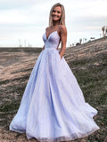 solvbao Purple V-Neck Tulle Long Prom Dress, A-Line Backless Evening Party Dress