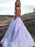 solvbao Purple V-Neck Tulle Long Prom Dress, A-Line Backless Evening Party Dress