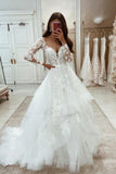 solvbao White Lace Long Sleeve Prom Dresses, A-Line Formal Evening Gown