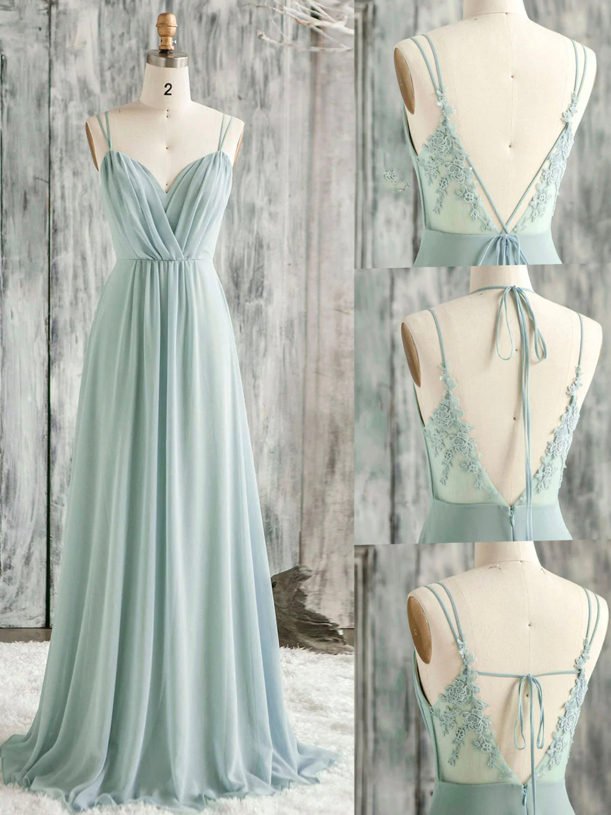 solvbao A-Line Spaghetti Strap Chiffon and Lace Long Prom Dress