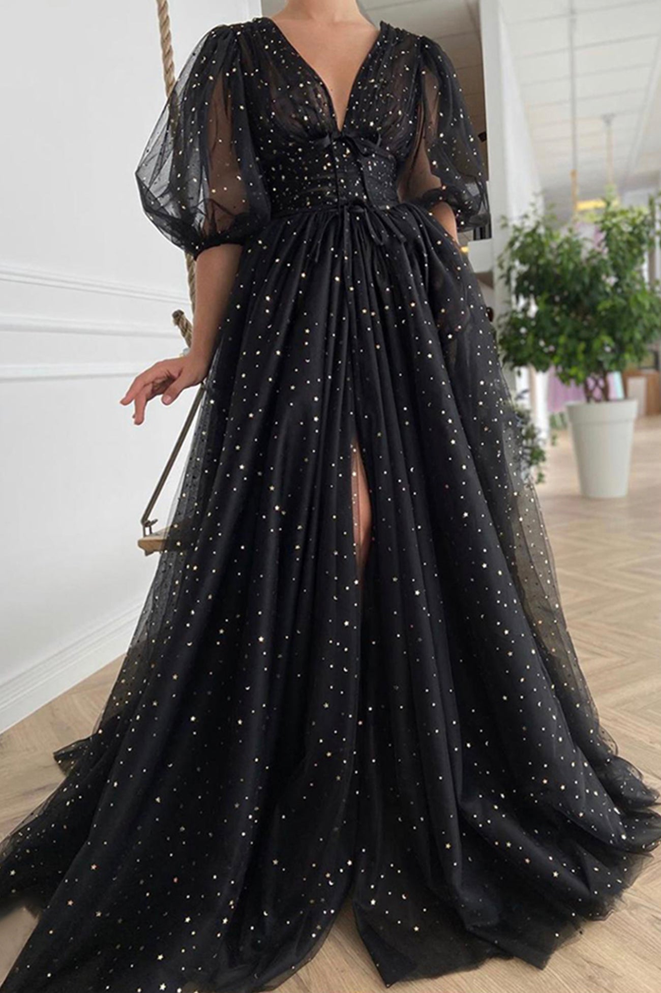 solvbao Black Tulle Long A-Line Prom Dresses, V-Neck Short Sleeve Evening Dresses