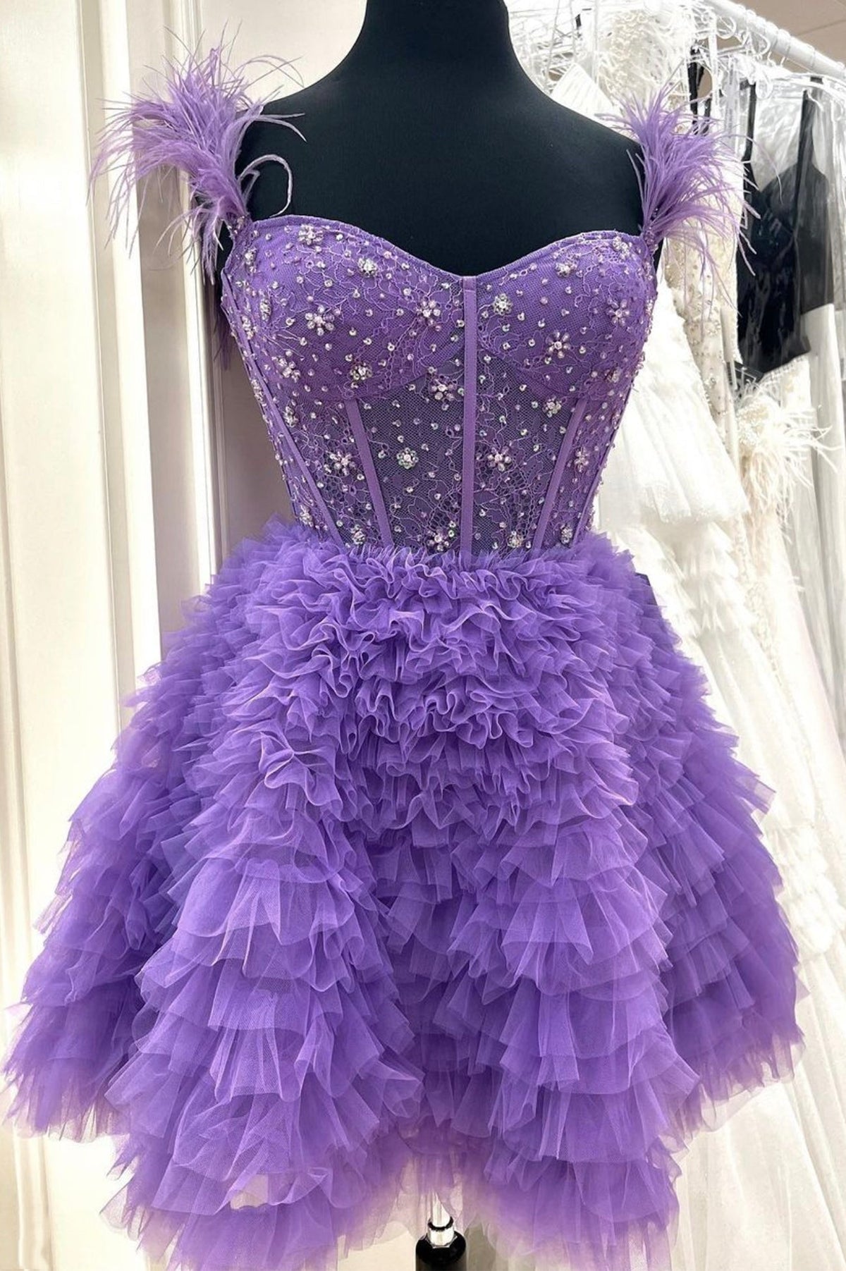 solvbao Purple Tulle Beaded Knee Length Prom Dress, A-Line Party Dress