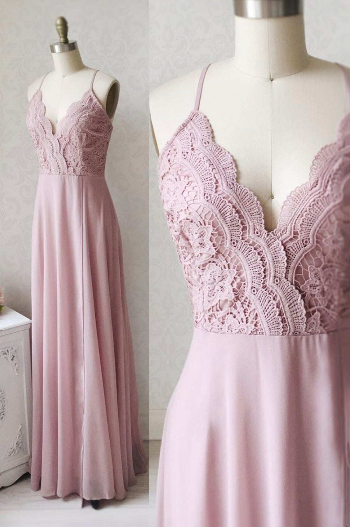 solvbao Pink Chiffon Lace Long Prom Dresses, V-Neck Spaghetti Strap Party Dresses