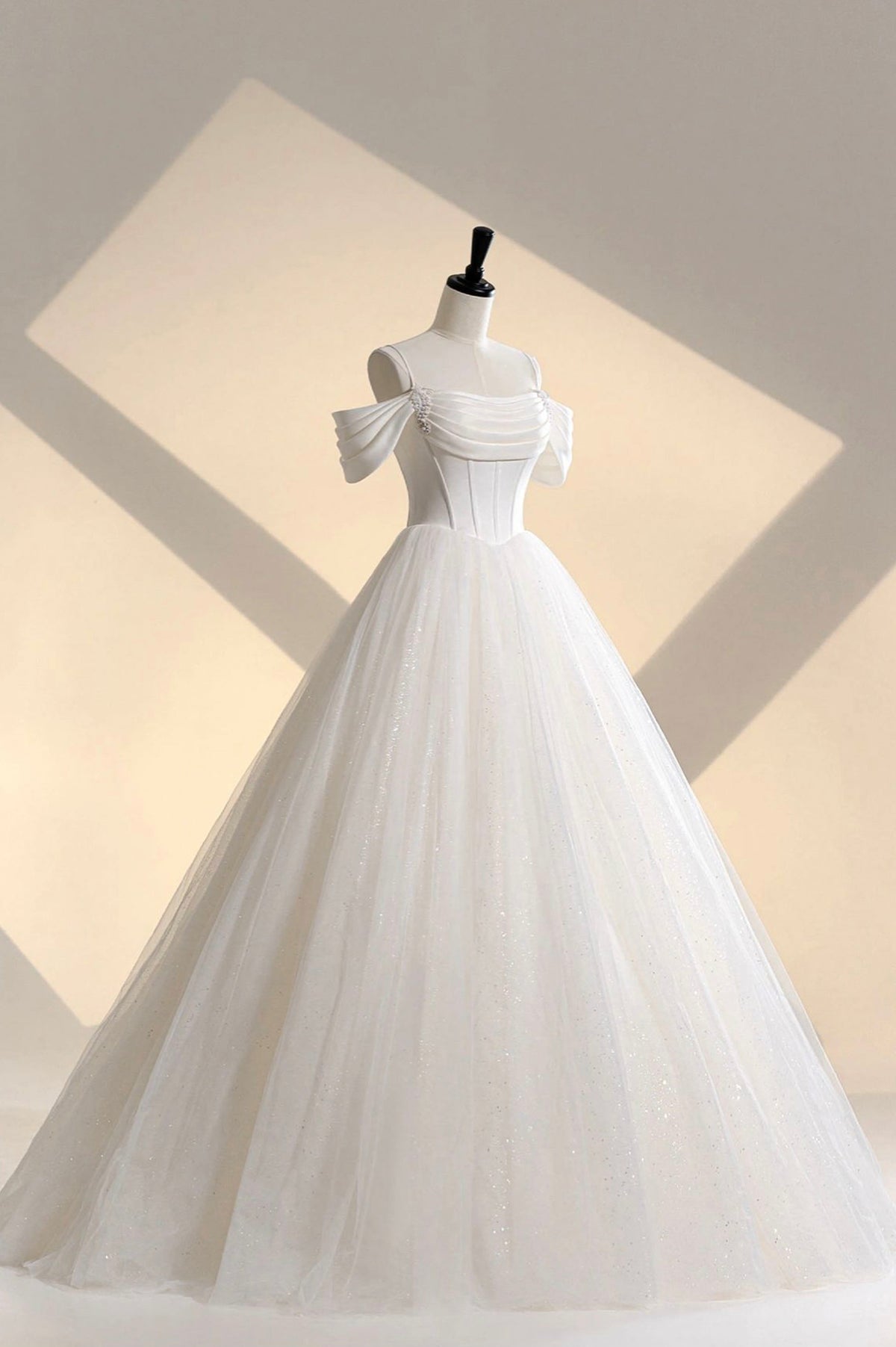 solvbao Ivory Tulle Off the Shoulder Formal Gown, Elegant A-Line Wedding Dress