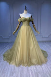 solvbao Green Tulle Long A-Line Prom Dress, Off the Shoulder Evening Party Dress