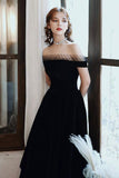 solvbao Cute Velvet A-Line Tea Length Prom Dresses, Black Party Dresses