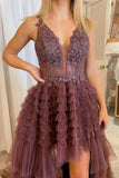 solvbao Cute V-Neck Lace High Low Prom Dress, A-Line Party Dress