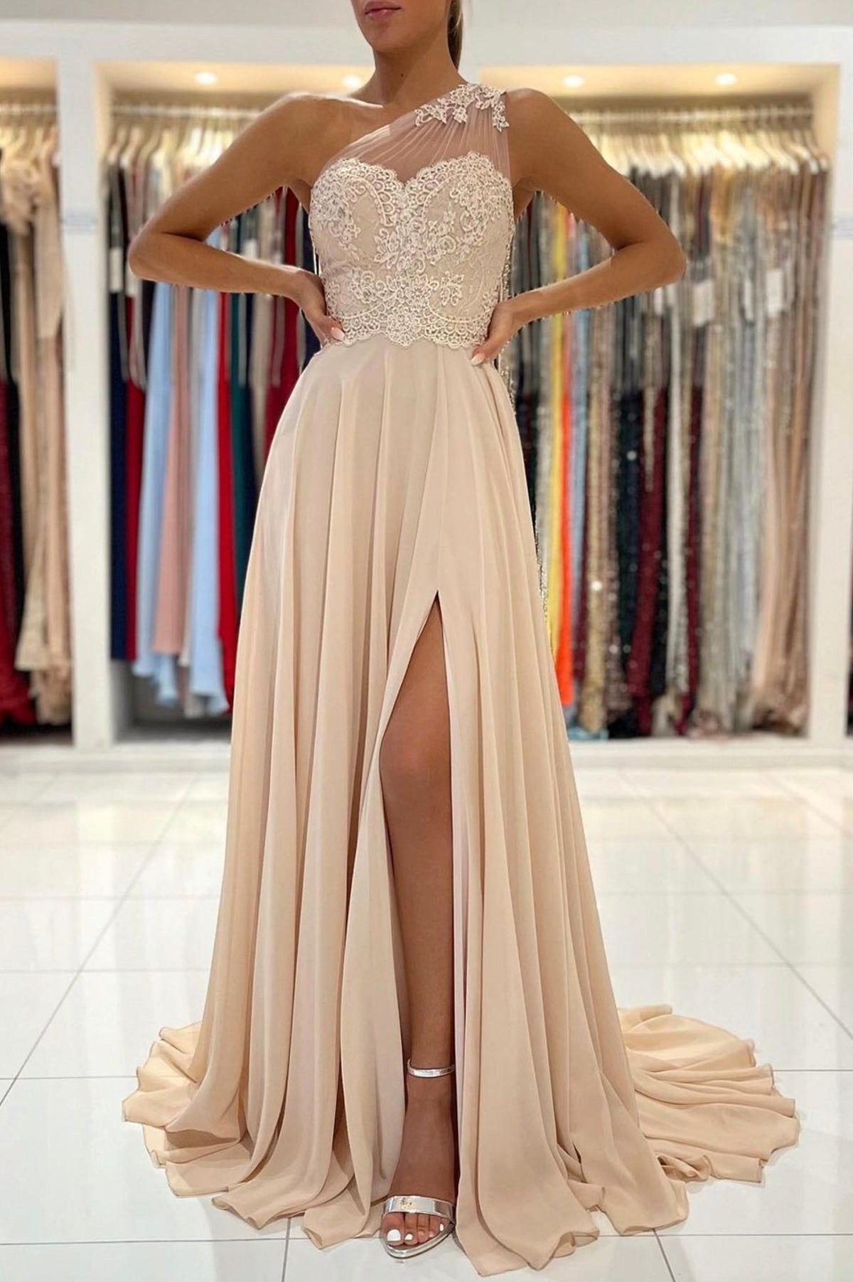 solvbao Champagne Chiffon Long Prom Dresses, One Shoulder Evening Dresses