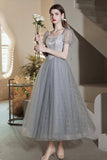 solvbao Gray Tulle Beaded Tea Length Prom Dress, A-Line Evening Dress