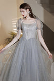 solvbao Gray Tulle Beaded Tea Length Prom Dress, A-Line Evening Dress