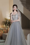 solvbao Gray Tulle Beaded Tea Length Prom Dress, A-Line Evening Dress