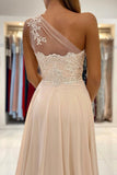 solvbao Champagne Chiffon Long Prom Dresses, One Shoulder Evening Dresses