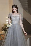 solvbao Gray Tulle Beaded Tea Length Prom Dress, A-Line Evening Dress