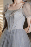 solvbao Gray Tulle Beaded Tea Length Prom Dress, A-Line Evening Dress