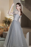 solvbao Gray Tulle Beaded Tea Length Prom Dress, A-Line Evening Dress