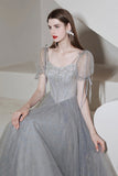 solvbao Gray Tulle Beaded Tea Length Prom Dress, A-Line Evening Dress