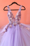 solvbao Purple V-Neck Tulle Lace Long Prom Dresses, A-Line Evening Dresses