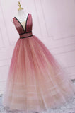 solvbao Cute Ombre Tulle V-Neck Long Party Dress, A-line Prom Dress