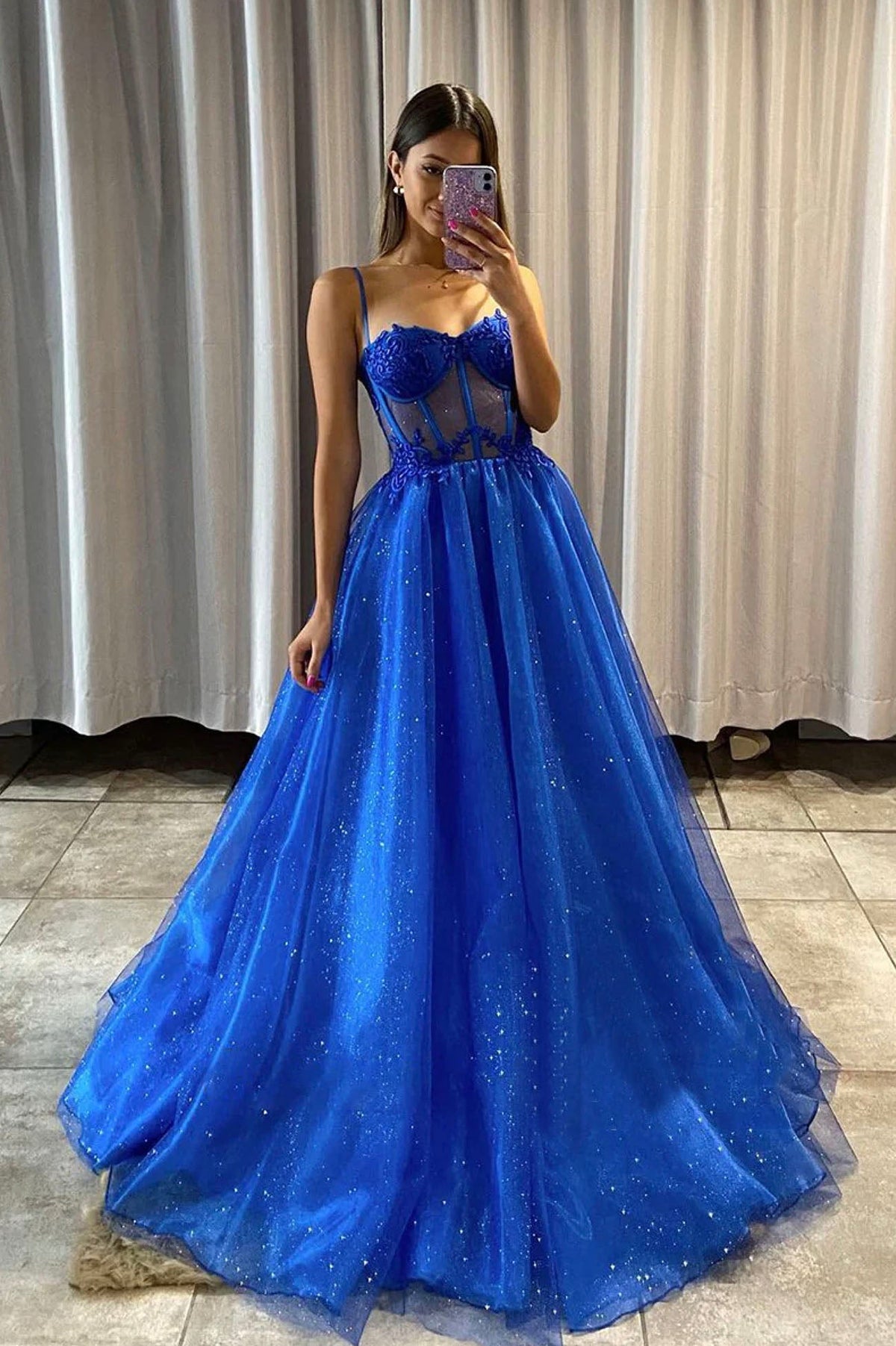 solvbao Blue Tulle Lace Long Prom Dress, Blue Spaghetti Straps Evening Dress