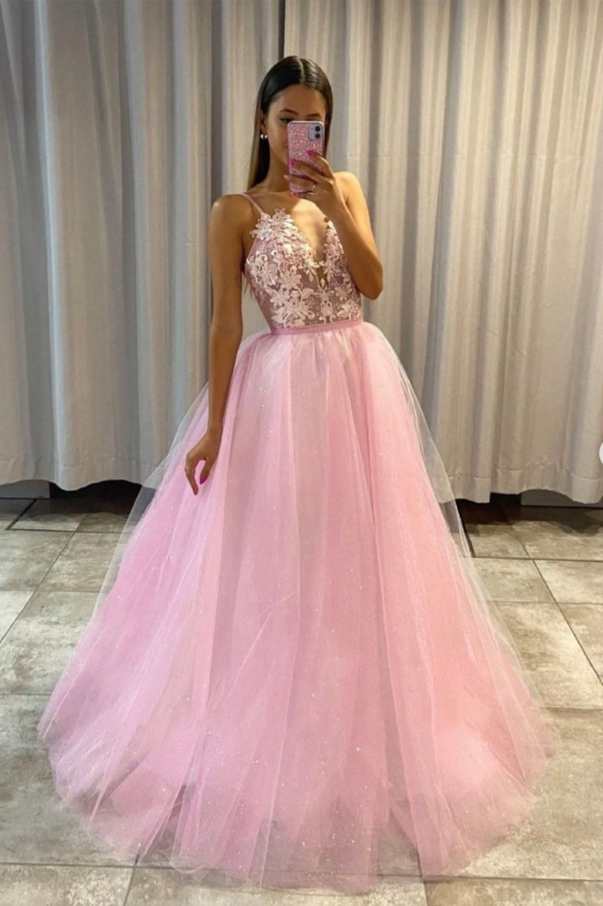 solvbao Pink V-Neck Lace Long Prom Dresses, A-Line Evening Dresses