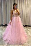 solvbao Pink V-Neck Lace Long Prom Dresses, A-Line Evening Dresses