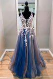 solvbao Blue Tulle Long Prom Dresses, V-Neck Evening Dresses with Lace Applique