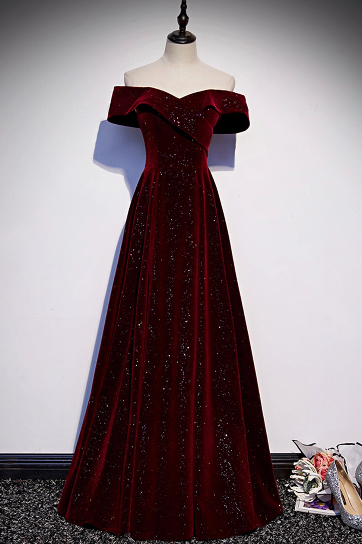 solvbao Burgundy Velvet Long Prom Dresses, Off the Shoulder Evening Dresses