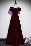 solvbao Burgundy Velvet Long Prom Dresses, Off the Shoulder Evening Dresses