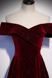 solvbao Burgundy Velvet Long Prom Dresses, Off the Shoulder Evening Dresses