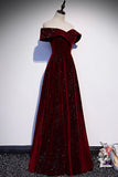 solvbao Burgundy Velvet Long Prom Dresses, Off the Shoulder Evening Dresses