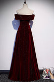 solvbao Burgundy Velvet Long Prom Dresses, Off the Shoulder Evening Dresses