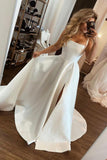 solvbao White Satin Long Prom Dresses, A-Line Evening Dresses with Slit