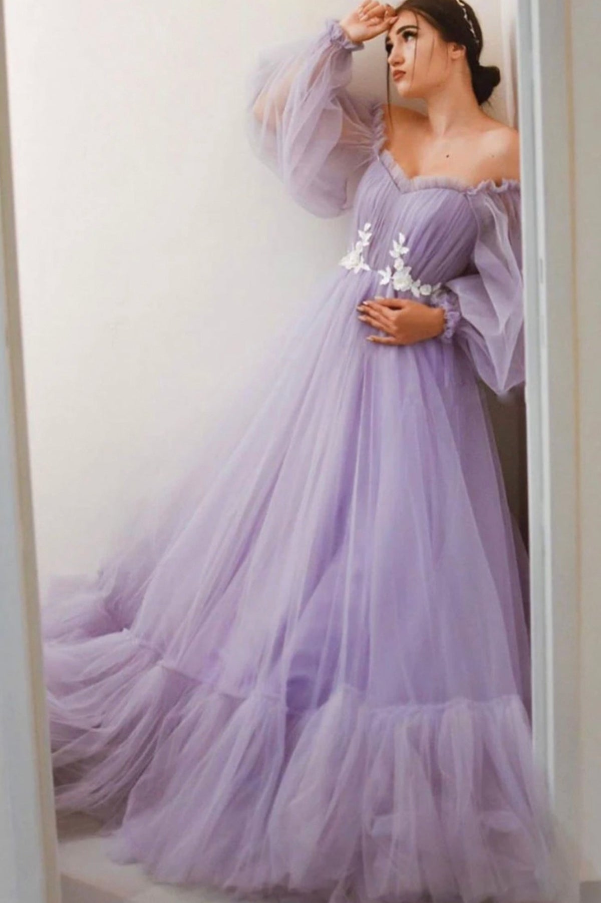 solvbao Purple Tulle Lace Long Prom Dresses, A-Line Evening Dresses