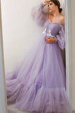 solvbao Purple Tulle Lace Long Prom Dresses, A-Line Evening Dresses