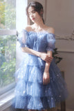 solvbao Blue Tulle Short A-Line Prom Dresses, Blue Mini Party Dresses